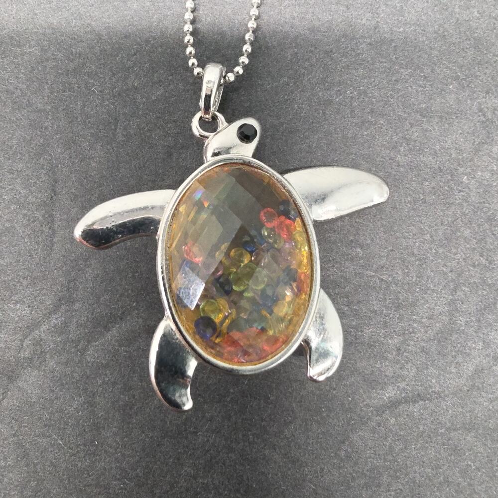 silver-toned sea turtle shaker pendant Necklace microbeads Crystals Inside Shell